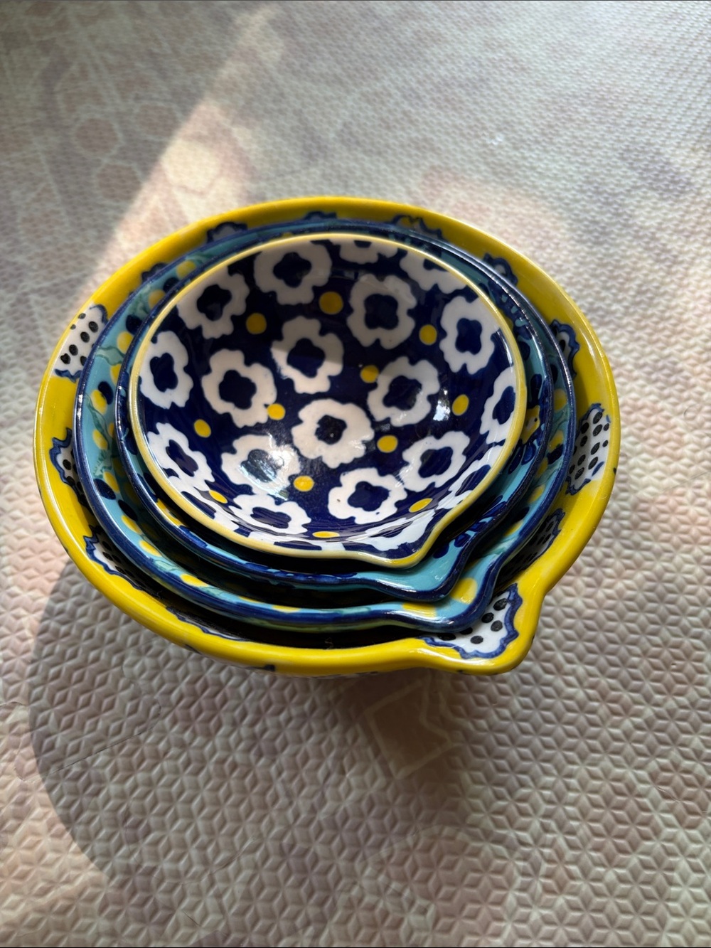 Hand-Painted Floral Ceramic Nesting Measuring Cups in Blue & Yellow